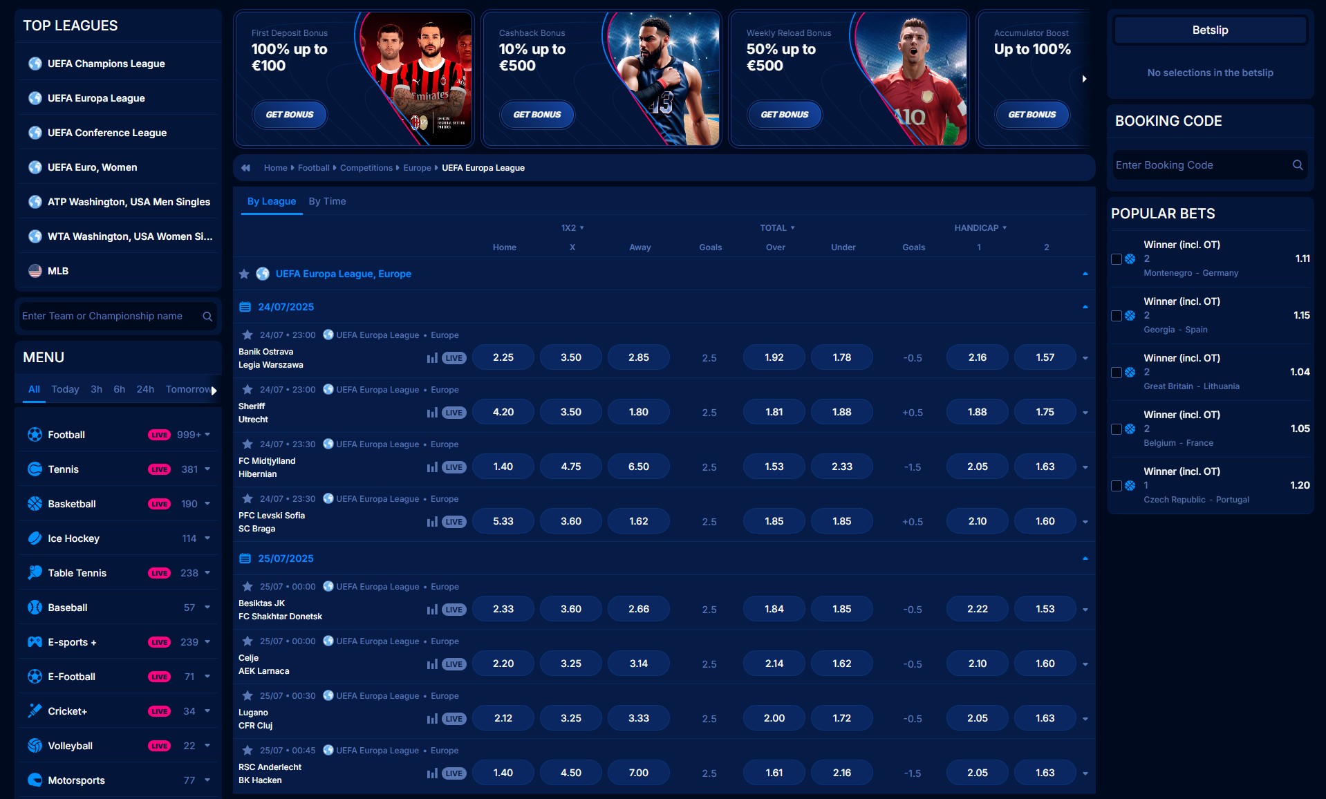 Boomerang Bet Sportwetten-Interface mit Live-Events